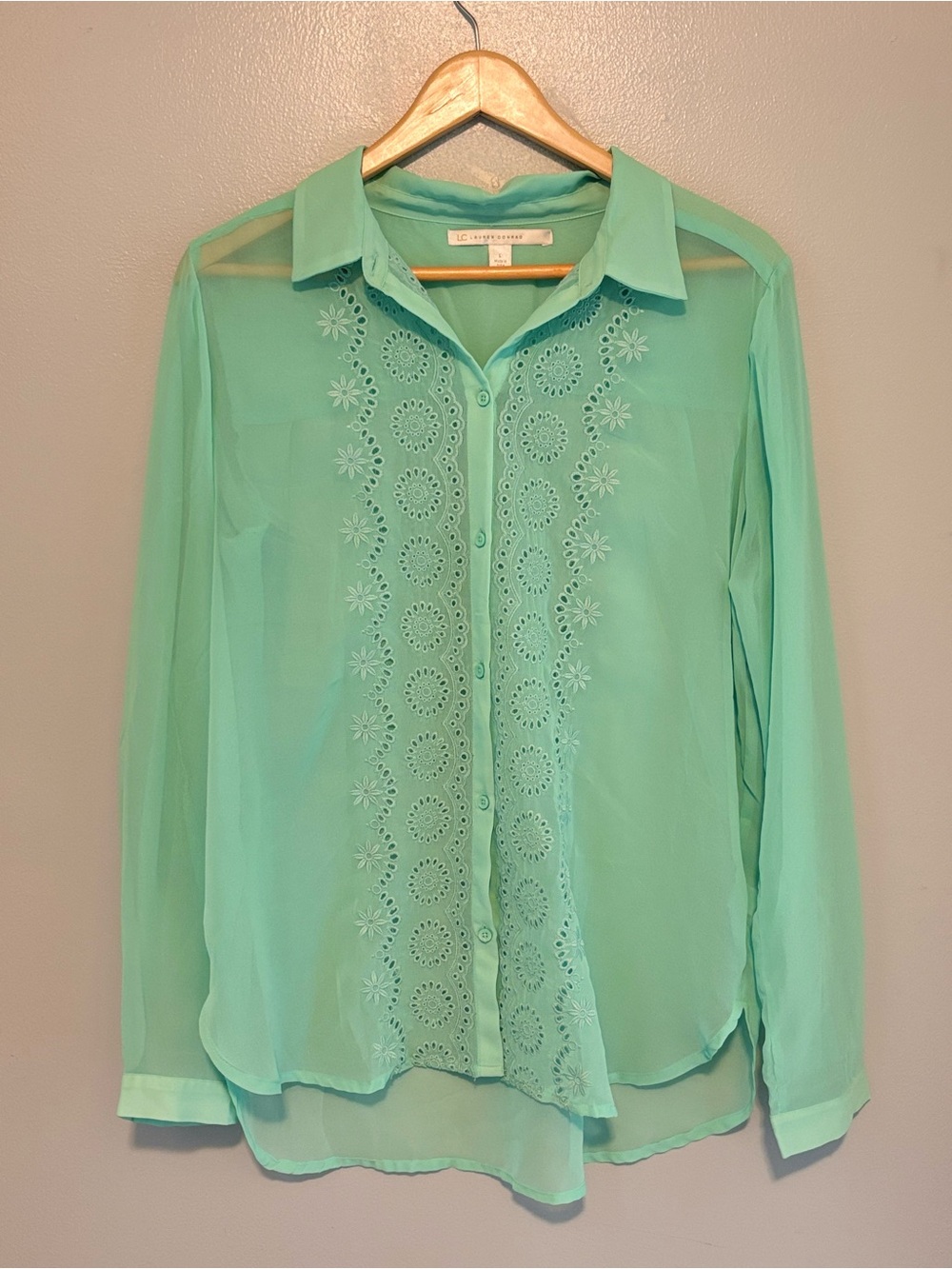 Lightweight Lauren Conrad Sheer Button Down with Embroidered Accents